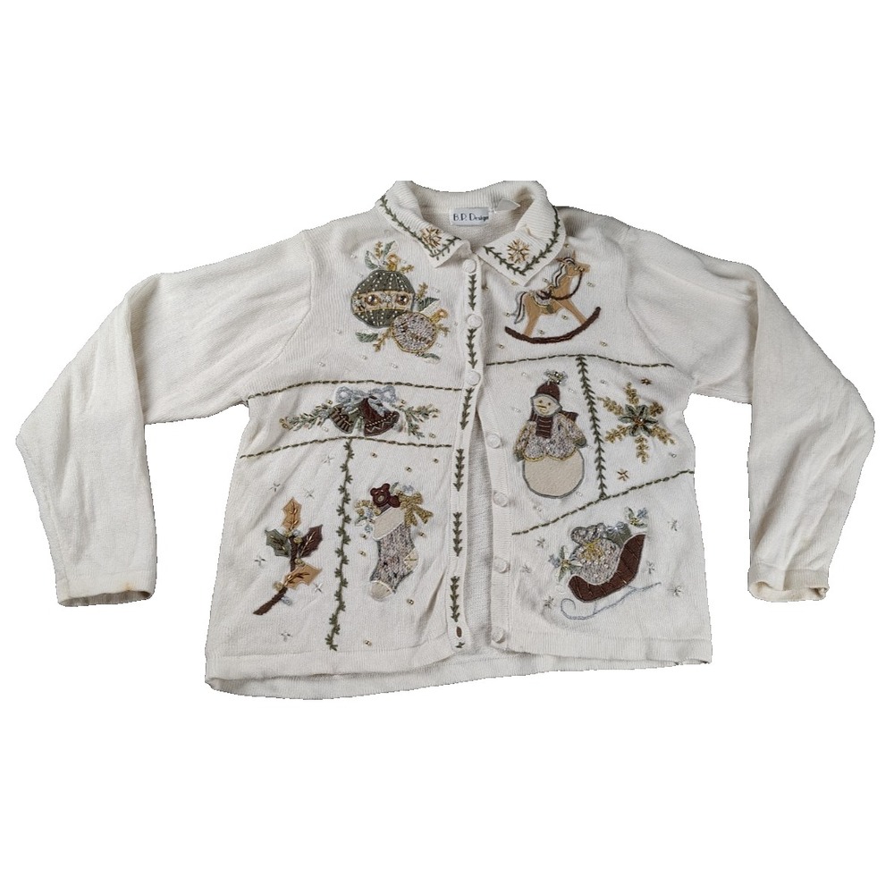 Vtg BP Design L‎ Cardigan Sweater Womens Christmas Winter Beaded Button FLAWS